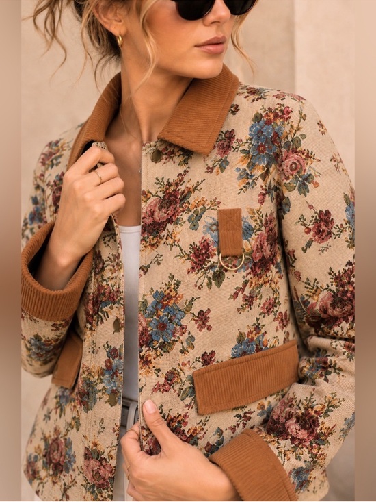Avec Les Filles Jackets & Blazers - Avec Les Filles Beige Floral Utility Jacket with Rust Corduroy Trim S